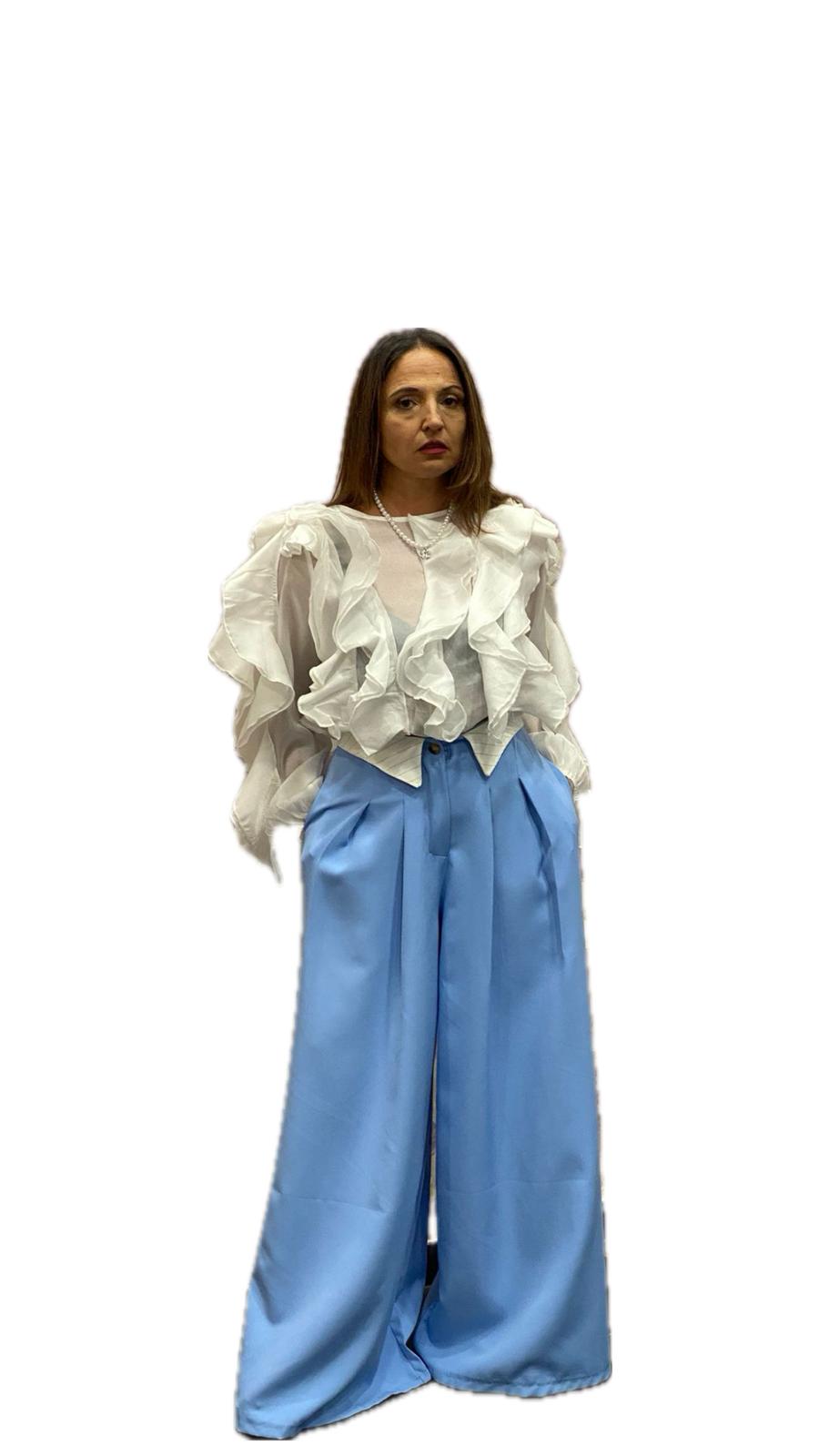 Tailleur giacca con cintura e pantalone palazzo